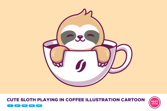 Cute Sloth Playing in Coffee Cartoon: Graphics & Illustrations