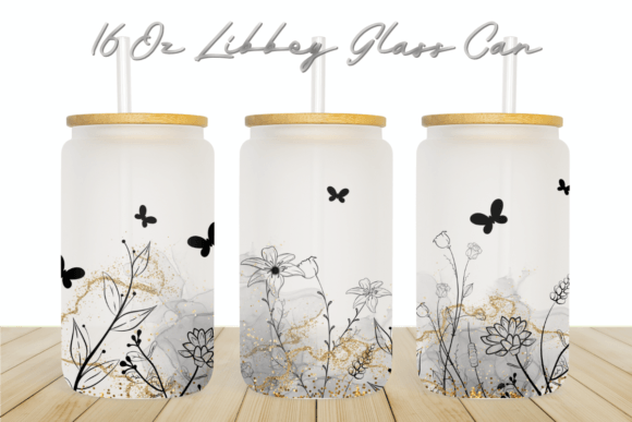 Flower Butterfly 16Oz Libbey Glass Can Graphics & Print Templates