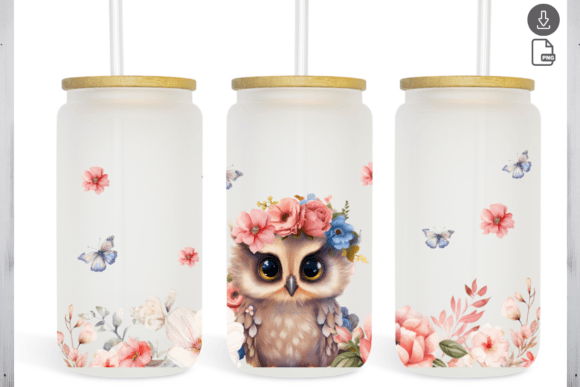Owl Pink Flowers Watercolor Graphics Template